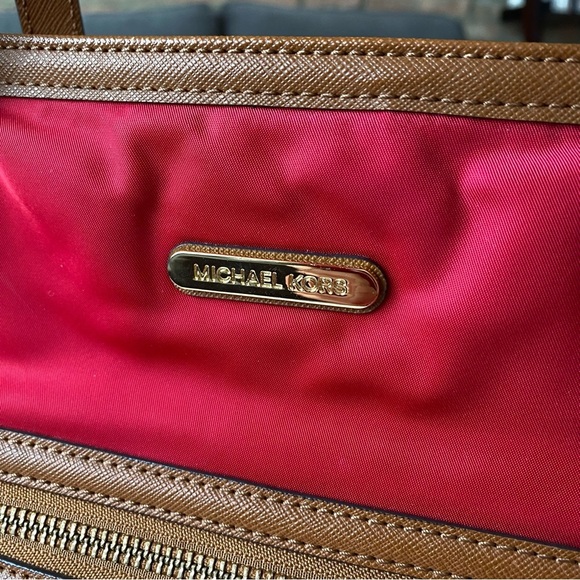 Michael Kors Red Tote Bag with Tan Leather Accents gold accents - Picture 4 of 11